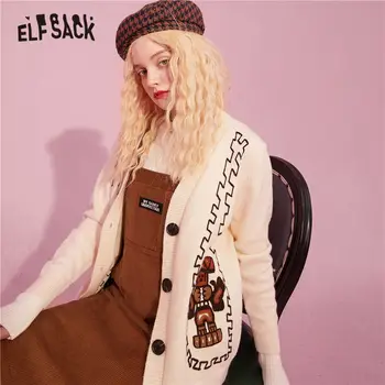 ELFSACK Grafic Broderie Singur Buton Șic Knit Casual Femei Pulover Cardigan,2020 Toamna ELF Stil coreean de sex Feminin Top de zi cu Zi