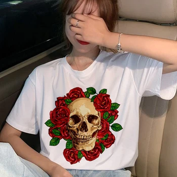 Harajuku femei craniu floare de imprimare T-shirt de vară retro punk tricou casual moda streetwear cu mânecă scurtă Tricou alb Topuri