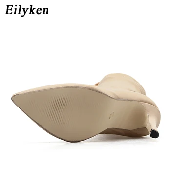 Eilyken 2021 Noi Tesatura Stretch pentru Femei Cizme Glezna cu toc Pantofi cu Toc Femei Sexy Subliniat Toe Dantela-Up Cizme Pentru Primavara/Toamna