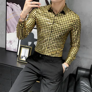 De înaltă Calitate de Imprimare Digitală Camasa cu Maneca Lunga Barbati Haine în 2020, Toate se Potrivesc Slim Fit Casual, Office Bluza Homme de Aur/Argint 3XL-M