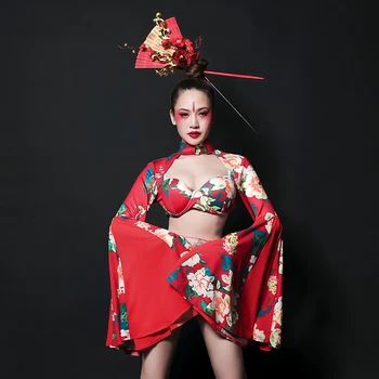Roșu Costume Sexy Pentru Femei Stil Chinezesc Cantareata de Club Gogo Dans Costum de Jazz, Dans, Costume de Scena DJ Costum DQS3580