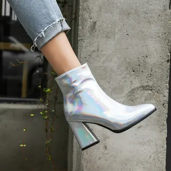 Sianie Tianie 2020 iarna de brevete din piele PU de argint violet de aur femeie pantofi botine de moda bloc tocuri inalte femei glezna cizme