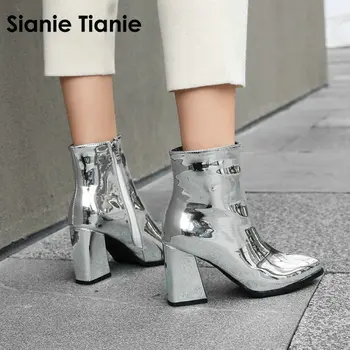 Sianie Tianie 2020 iarna de brevete din piele PU de argint violet de aur femeie pantofi botine de moda bloc tocuri inalte femei glezna cizme