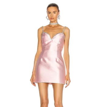 Femeile Primăvară Fără Mâneci Sexy Backless Roz Diamante Sclipitoare Doamna De Moda Rochie 2021 Designer De Moda De Seara Rochie De Petrecere Vestido