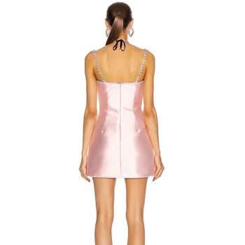 Femeile Primăvară Fără Mâneci Sexy Backless Roz Diamante Sclipitoare Doamna De Moda Rochie 2021 Designer De Moda De Seara Rochie De Petrecere Vestido
