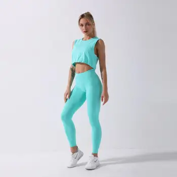 Sport Yoga Set SPORT Femei Imbracaminte Solide în Vrac Rezervor Cordon Crop Top Jambiere Set de Antrenament de Fitness de Funcționare Trening