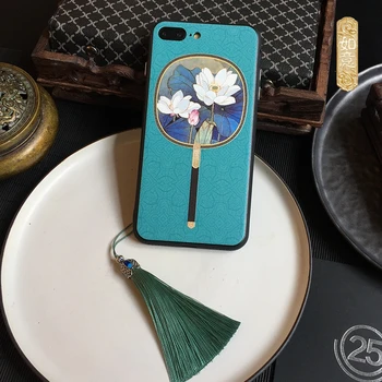 Pentru iPhone 8/7 plus caz Tradițională Chineză stil Palat Pentru X iPhone 6 6s plus flori de lotus fan greu capacul din spate + telefon farmec