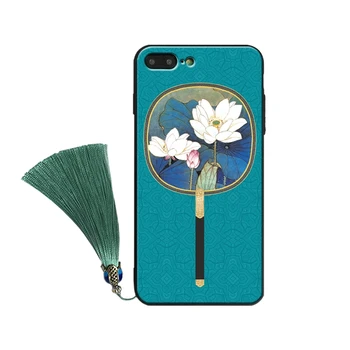 Pentru iPhone 8/7 plus caz Tradițională Chineză stil Palat Pentru X iPhone 6 6s plus flori de lotus fan greu capacul din spate + telefon farmec