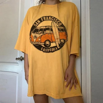 90 Mașină de Imprimat Tricou Pentru Femei de Vară 2020 Galben Pierde O de Gât Supradimensionat Tricou Retro Tipărite Jumătate Maneca tricou Casual