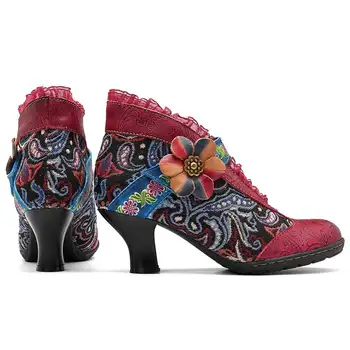 Socofy Dantelă Margine Boem Pompe de Femei Pantofi pentru Femeie Retro din Piele Cârlig&Bucla de Flori Tocuri inalte Pompe 5cm Doamnelor Pantofi Noi