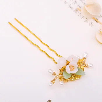 Culoare De Aur De Metal De Flori Frunze Simulat Perle În Formă De U, Agrafe Agrafe De Păr Furculita Bastoane Femei Grils Hanfu Cheongsam De Păr Bijuterii