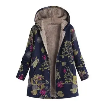 Paltoane cu gluga din Bumbac Jacheta de Iarna pentru Femei Uza strat Cald Uza Floral Print Hanorac cu Buzunare Epocă Paltoane Supradimensionate