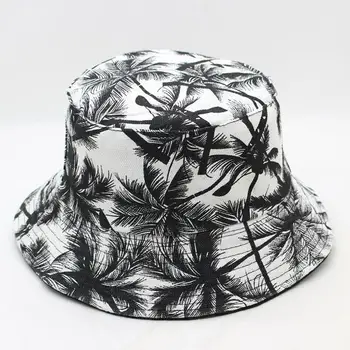 Noi Unisex Moda Vara Reversibilă Negru Alb Copac De Nucă De Cocos Imprimate De Pescar Capace Găleată Pălării Gorro Pescador Bărbați Femei
