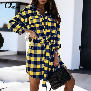 Celmia Supradimensionat Vintage Carouri de Moda Rochie de Camasa Femei cu Centură Rochii Mini 2021 Toamna cu Maneci Lungi Butoanele de Muncă Vestidos 5XL