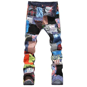 Mozaic de bărbați îmbinat rupt blugi denim moda de sex Masculin slim patch-uri colorate butoane fly pantaloni drepte transport Gratuit