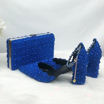 BaoYaFang Royal Albastru Margele Floare Curea pantofi de nunta Mireasa a Subliniat Deget de la picior Pătrat Toc Gros rochie de Petrecere pantofi și geantă set