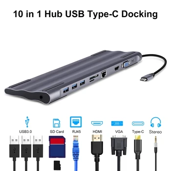 10 în 1 USB C HUB, Multi-Funcție Docking Station PD Încărcare Rapidă, pentru PC, Laptop