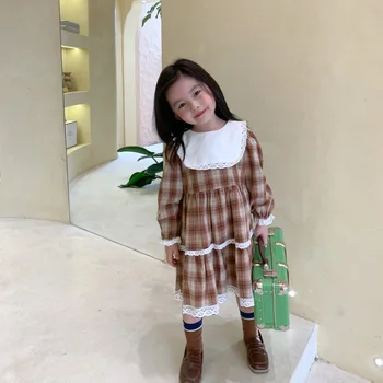 Toamna New Sosire stil coreean bumbac carouri cu maneci lungi printesa rochie de dantelă cu mare rever pentru drăguț copil dulce fetele