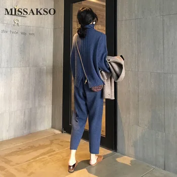 Missakso Casual De Iarna Tricotate Două Bucata Set Streetwear Maneca Lunga Pentru Femei De Moda Solidă Pulover Vrac Pantaloni Largi Picior