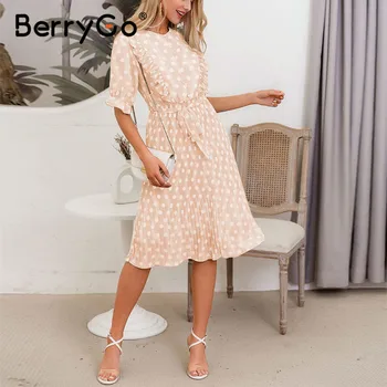 BerryGo Polka dot imprimare rochii de vară pentru femei maneci Scurte unduiri rochie midi de sex feminin talie Mare cercevea butoane perla doamnelor rochie