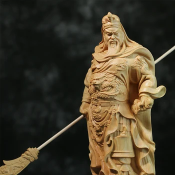 Cimișir 20cm Guanyu Sculptura Trei Regate Lemn Statueta Feng Shui Colecție de Avere Dumnezeu Guan Gong Decor Acasă