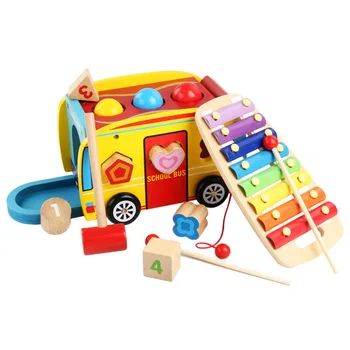 Multi function Drawable Școală model de Autobuz blocuri Xilofon bate Joc de Minge de Set Copii din Lemn Mașină de Bloc de Jucării Montessori