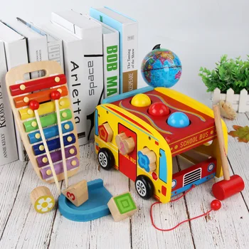 Multi function Drawable Școală model de Autobuz blocuri Xilofon bate Joc de Minge de Set Copii din Lemn Mașină de Bloc de Jucării Montessori