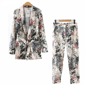 Femei costume de toamna femei Maneca Lunga Șters Kimono Jacket noua centura de imprimare strat + pantaloni casual costum Twopiece seturi