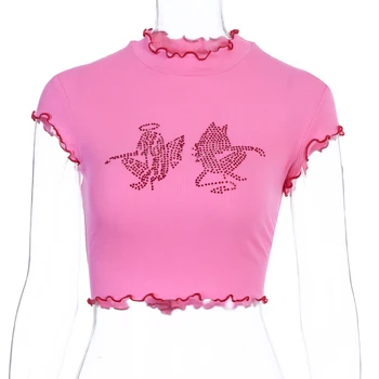 ArtSu cu nervuri de cristal înger femei tricou crop top zburli bodycon sexy streetwear petrecere de vară 2020 haine drăguț club ASTS52136