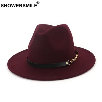 SHOWERSMILE Lână Simțit Fedora Femei Bărbați Clasic Pălărie Trilby cu Lanț Solid Gri, Camel Toamna Iarna Masculin Feminin Pork Pie Hat