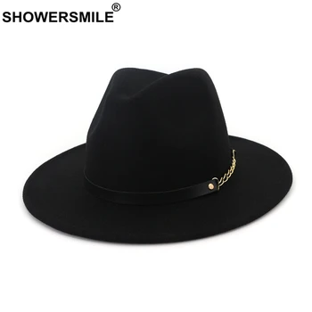 SHOWERSMILE Lână Simțit Fedora Femei Bărbați Clasic Pălărie Trilby cu Lanț Solid Gri, Camel Toamna Iarna Masculin Feminin Pork Pie Hat