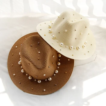 Vara Paie pălărie de soare perla Vizorul Trilby Jazz femei chapeau femme de sex Masculin Fedora Vara fugi Soare pe Plaja Paie Pălărie Panama Beach hat