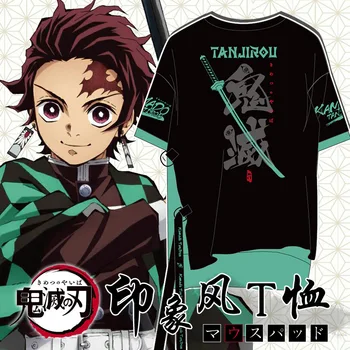Anime Demon Slayer Kimetsu nu Yaiba Kamado Tanjirou Cosplay Tricouri Unisex Maneca Scurta Alb & Verde Cămașă Tee Top Costume