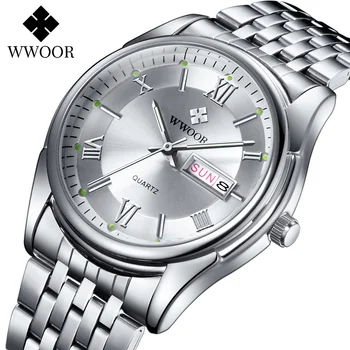 Casual Sport Ceas Barbati WWOOR Top Brand de Lux Silver Săptămână Data Ceas Mens Impermeabil din Oțel Inoxidabil Cuarț Ceas de mână, Bărbat Ceas