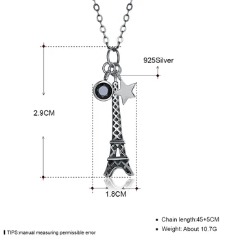 SILVERHOO Clasic Argint 925 Turnul Eiffel & Star Vintage Colier Pandantiv Pentru Femei Rotund Negru Cubic Zirconia Colier