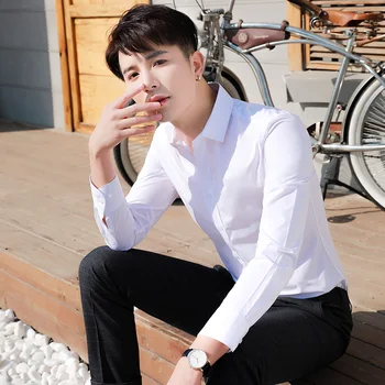 Oamenii De Afaceri Uzura Formale Coreea Style Moda Primavara Cu Maneci Lungi De Cauzalitate Brand Pocketless Tineret Culoare Pură Slim Om De Birou Tricou