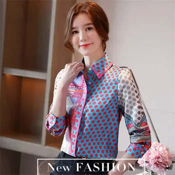 2020 Toamna Pentru Femei De Moda Topuri Si Bluza Cu Maneca Lunga Print Mozaic Polka Dot Silk Shirt Casual Doamna Polo Gât Haine Blusas