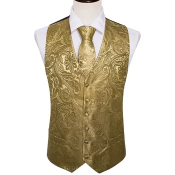 4PC Mens Plus de Mătase Vesta Petrecere de Nunta de Aur Paisley Solid Floral Vesta Vesta Pătrat de Buzunar Cravată Costum Set Barry.Wang BM-2017