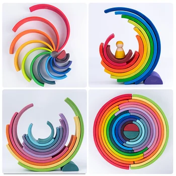 Mare de Lemn Curcubeu Stivuitor din Lemn Natural Rainbow Blocuri de Lemn de Stivuire Jucarii Montessori Jucărie de Învățământ pentru Copii Jucarii pentru Copii