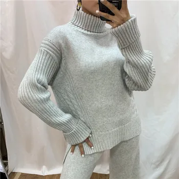 2020 iarna noi cașmir costum de moda tricotate cașmir gât înalt split thread model de pulover și largă picioare pantaloni 2 - bucata set