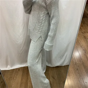 2020 iarna noi cașmir costum de moda tricotate cașmir gât înalt split thread model de pulover și largă picioare pantaloni 2 - bucata set