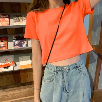 Maneci scurte T-shirt Femei Solid Crop Topuri Simple, pline de culoare Dulce de Bază All-meci Fete Teuri de Agrement Streetwear Harajuku Tricou