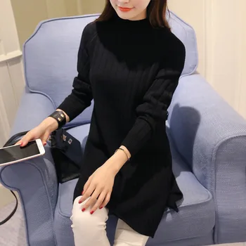 De vânzare la cald nou coreean jumătate guler înalt pulover cu guler, pentru femei purta lungi, cu mâneci lungi tricotate rochie de lână, bottom cămașă de sex feminin