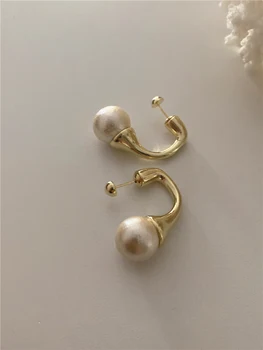 Noua Moda de Aur Geometrice Cârlig Perla Cercei Stud pentru Femei coreene Epocă Înapoi Perdeaua Minge Mare Perle Știfturi de Cercei Bijuterii
