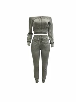 Garnitura Din Dantela-Up Casual Două Bucata Set Sexy Femei De Pe Umăr Maneca Lunga Cultură Jachete De Sus + Buzunare Pantaloni De Trening