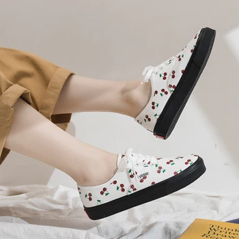 2019 Nou Brand pentru Femei Cherry Pantofi de Panza Pantofi de Panza pentru Femei Plat Slip-on Mocasini Pantofi Albi Vulcaniza Pantofi Încălțăminte Plus Dimensiune