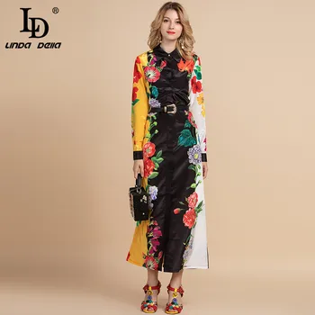 LD LINDA DELLA 2020 Primăvară Pistă de Moda Rochie de Epocă Femei Guler Cămașă Liber cu Centură Elegant Florale de Imprimare Rochie Lunga