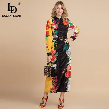 LD LINDA DELLA 2020 Primăvară Pistă de Moda Rochie de Epocă Femei Guler Cămașă Liber cu Centură Elegant Florale de Imprimare Rochie Lunga