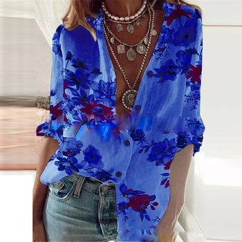 Rândul Său, În Jos Guler Print Floral Pentru Femei Bluza Tricou 2021 Primăvară Cardigan Butonul Casual Mâneci Lungi Singur Pieptul Boem Blusa