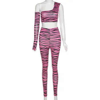 Hugcitar 2020 zebră de imprimare unul-umăr sexy crop top cu mănuși, jambiere 2 bucata set toamna iarna femei streetwear trening